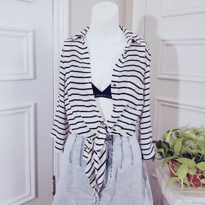 Nautical Tie Waist Button Down Striped Blouse